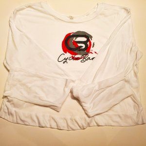Beyond Yoga Size S White CycleBar Cotton Long Sleeve Cropped Tee with Black Grey